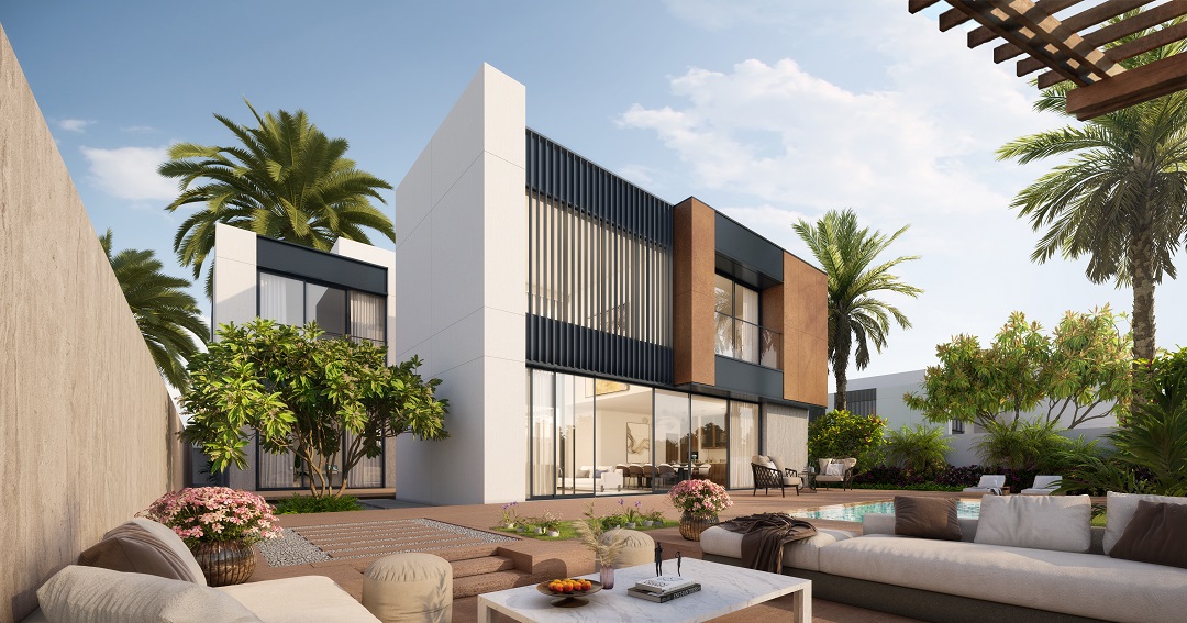 Exterior facade of a luxury waterfront villa at Saadiyat Lagoons Al Ghaf, Saadiyat Island, Abu Dhabi, showcasing premium Aldar villa design