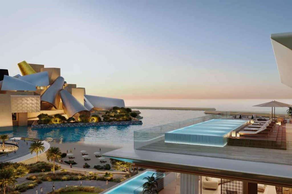 Architectural exterior perspective of Nobu Residences on Saadiyat Island, Abu Dhabi, surrounded by coastal landscapes and turquoise gulf waters.