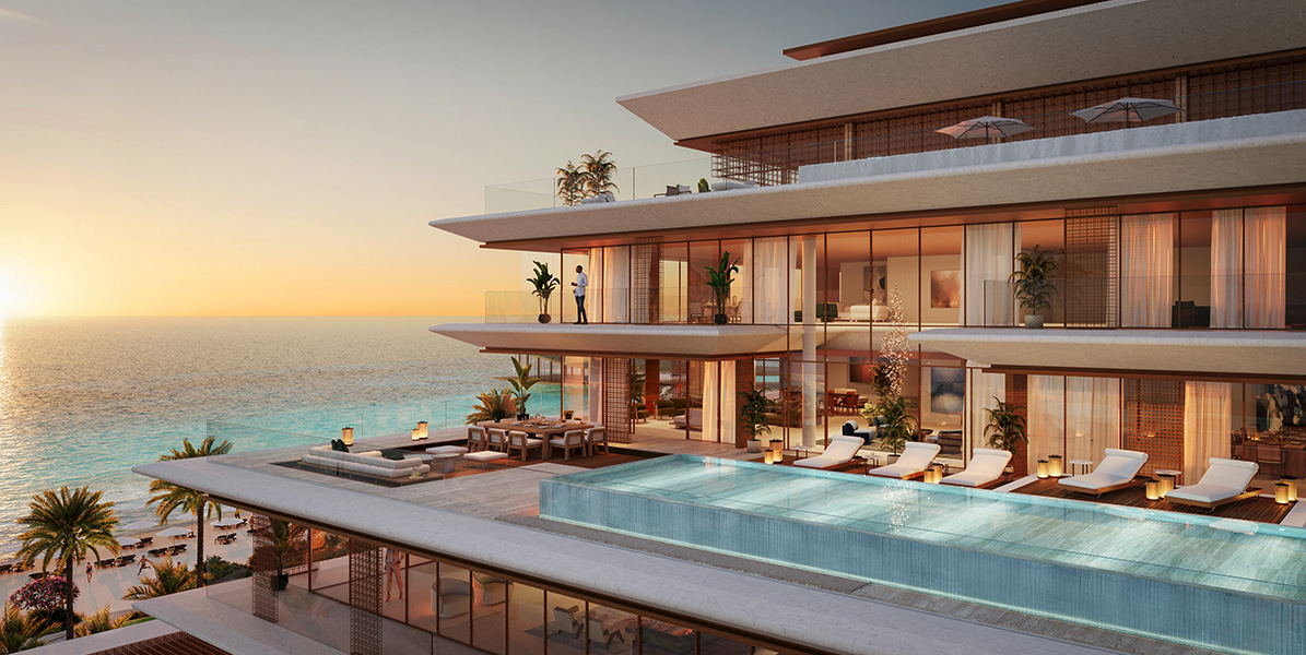 Exterior perspective of the luxury twin towers at Nobu Residences within the Saadiyat Cultural District, Abu Dhabi, near Mamsha Beach.